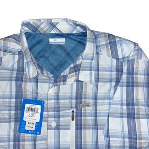 Columbia Blue and Tan Plaid Casual Button Down Shirt